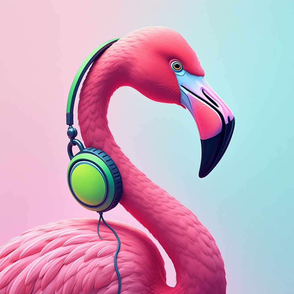 Flamingo with Headphones in Futuristic Illustration Style