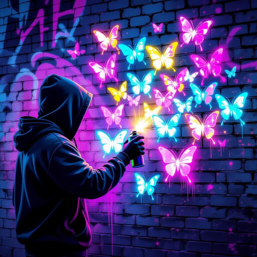 Graffiti Artist Sprays Wall, Paint Becomes Glowing Butterfli...