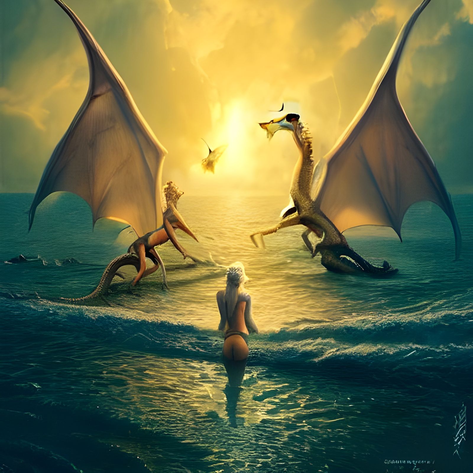 daenerys targaryen wearing yellow swimsuit with three dragons in the background detailed matte photorealism 8k resolutio...
