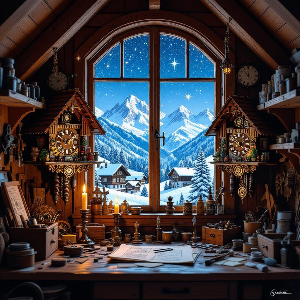 Alpine Workshop of Cuckoo Clocks and Starry Alps