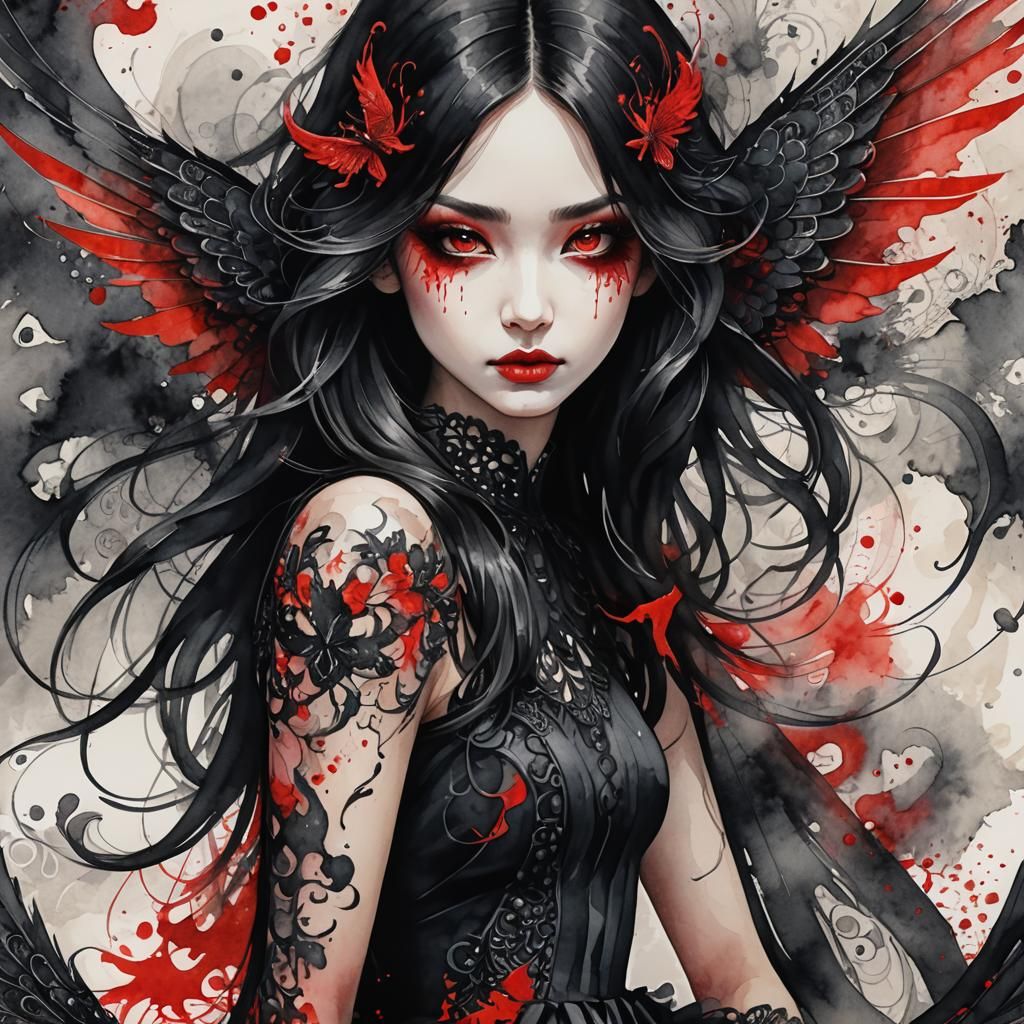 Watercolor Devil Girl with Black Wings