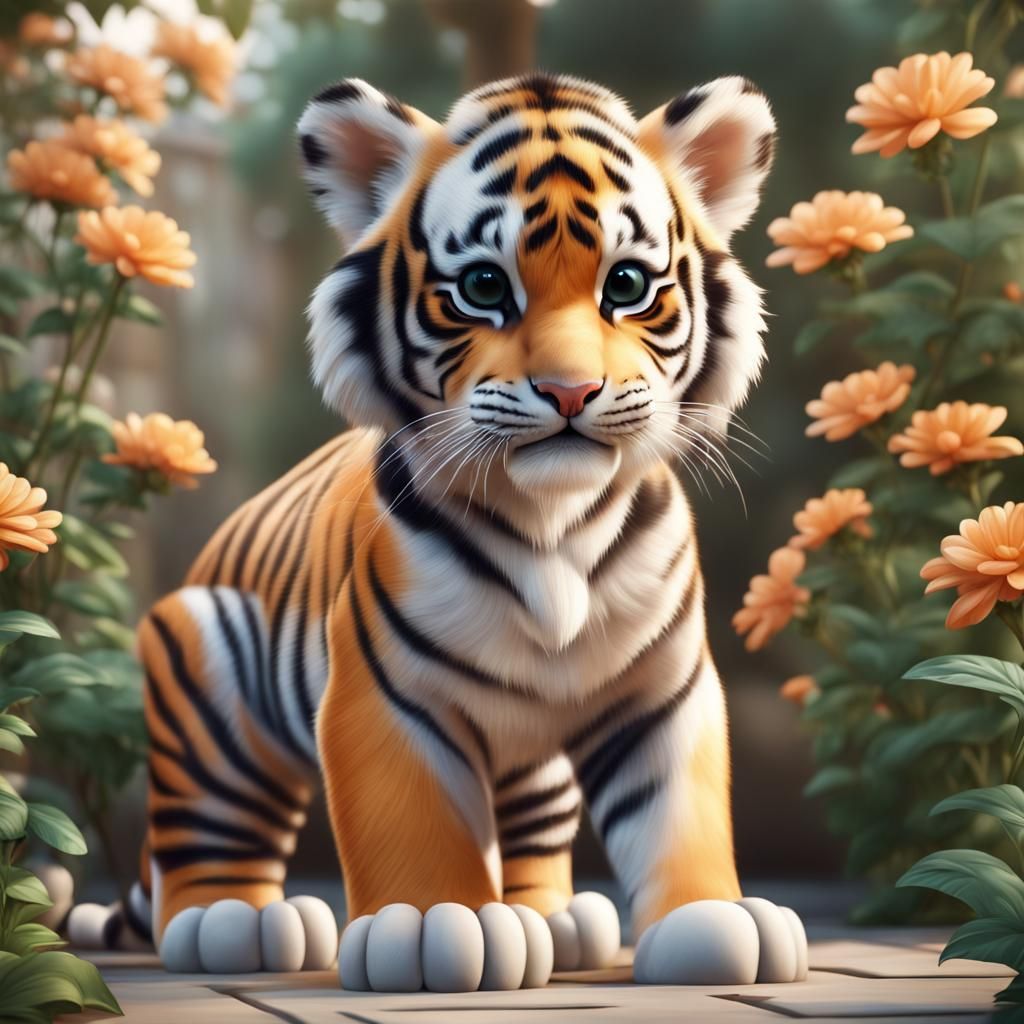 Cute Baby Tiger in Palace Garden, Realistic Colors