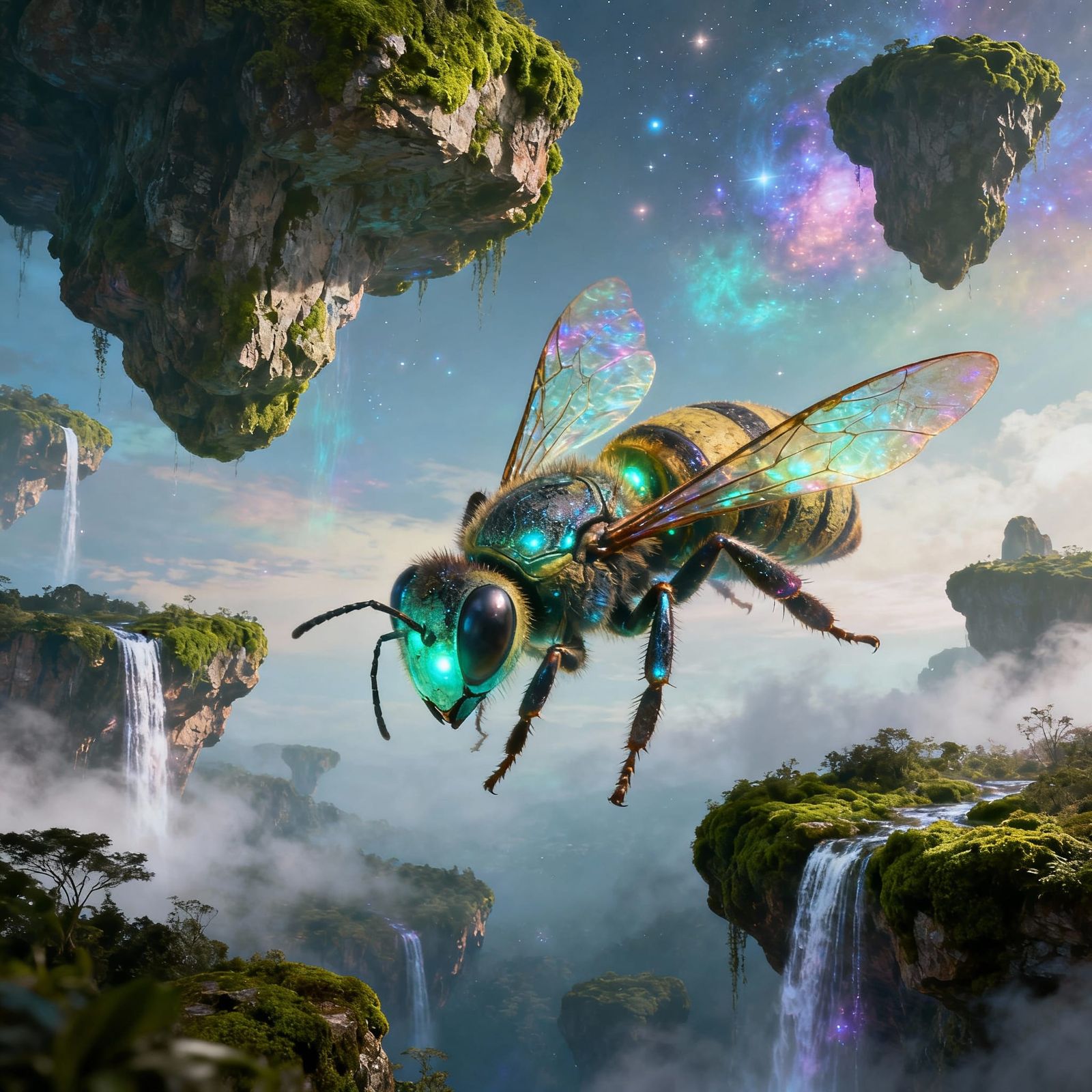 Giant Bioluminescent Wasp Amidst Floating Islands