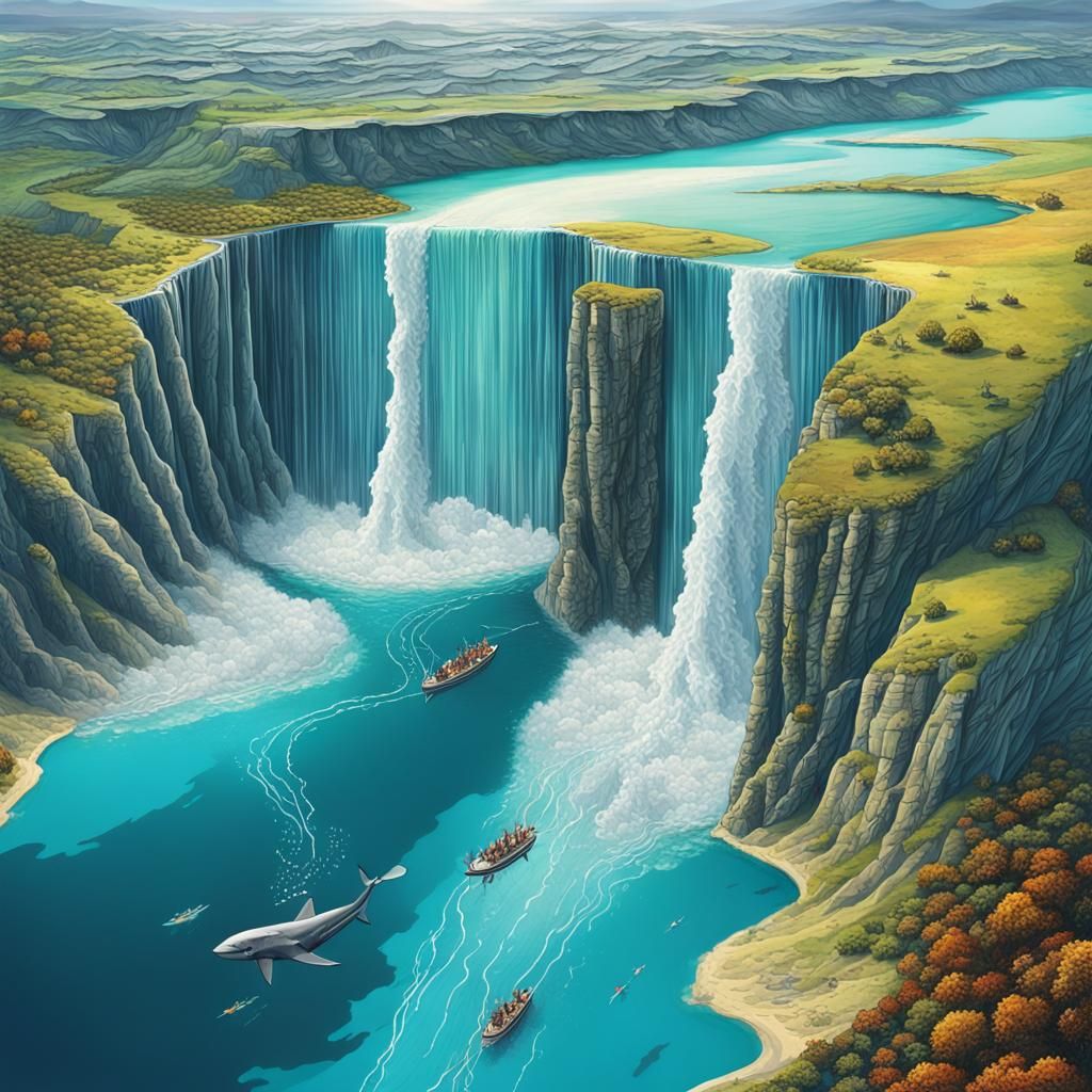 Surreal Sea Divided by Silver Waterfall