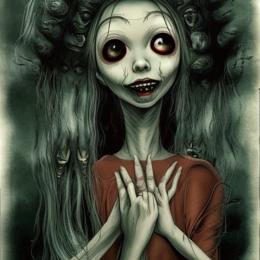 Terrifying Haunted Doll in Junji Ito Horror Style