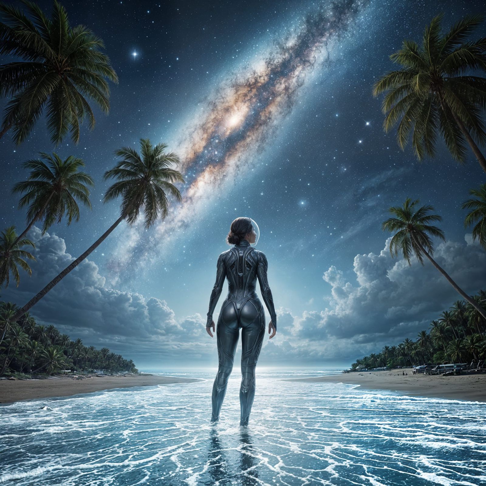 Woman in Spacesuit on Beach with Galaxy Sky