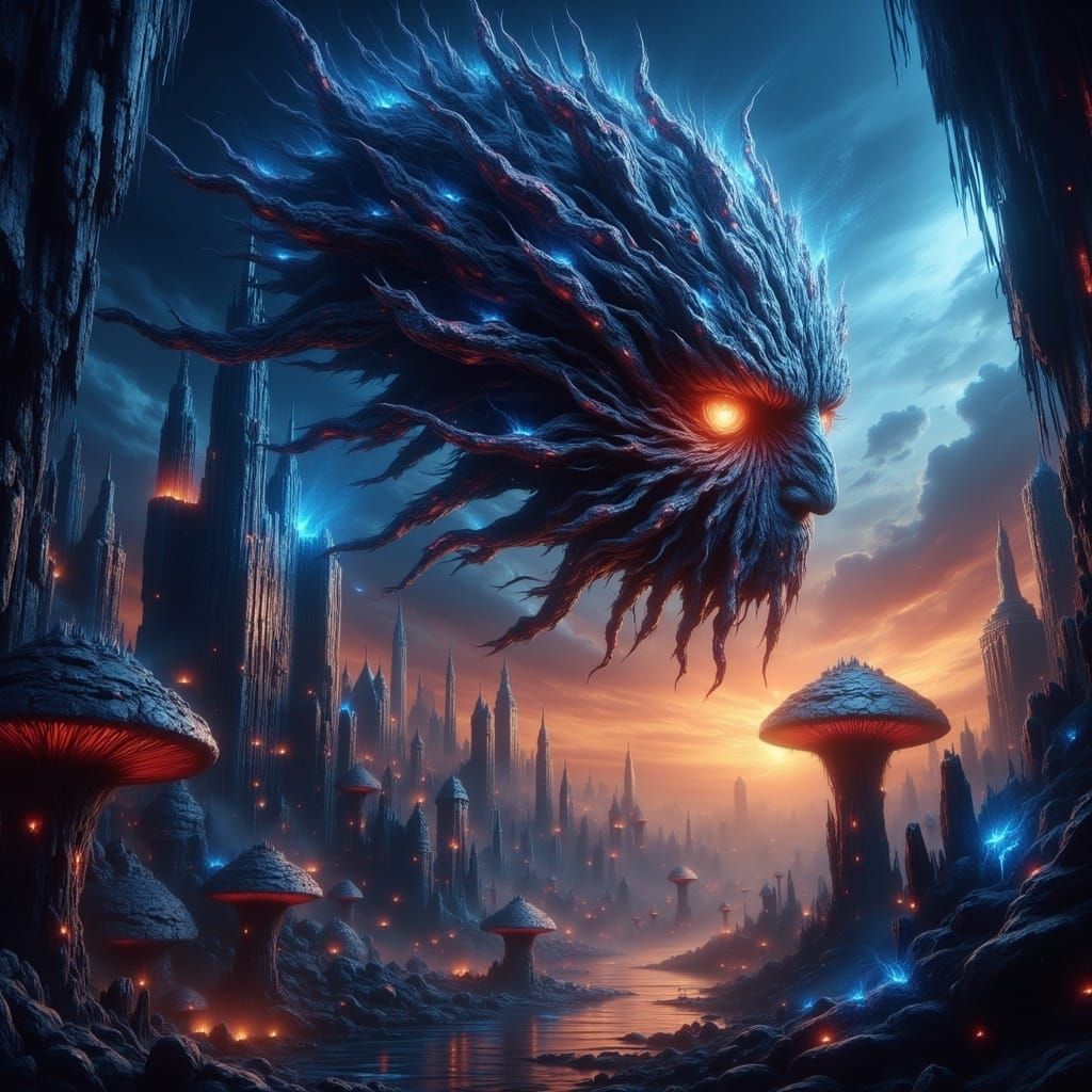 Cosmic Octopus Monster in Vibrant Coral Cityscape