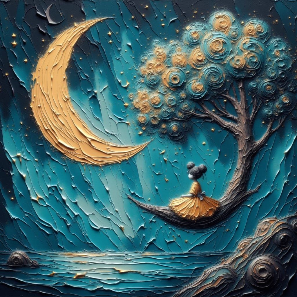 Visionary Watercolor of Boy Sleeping in Moon Hammock