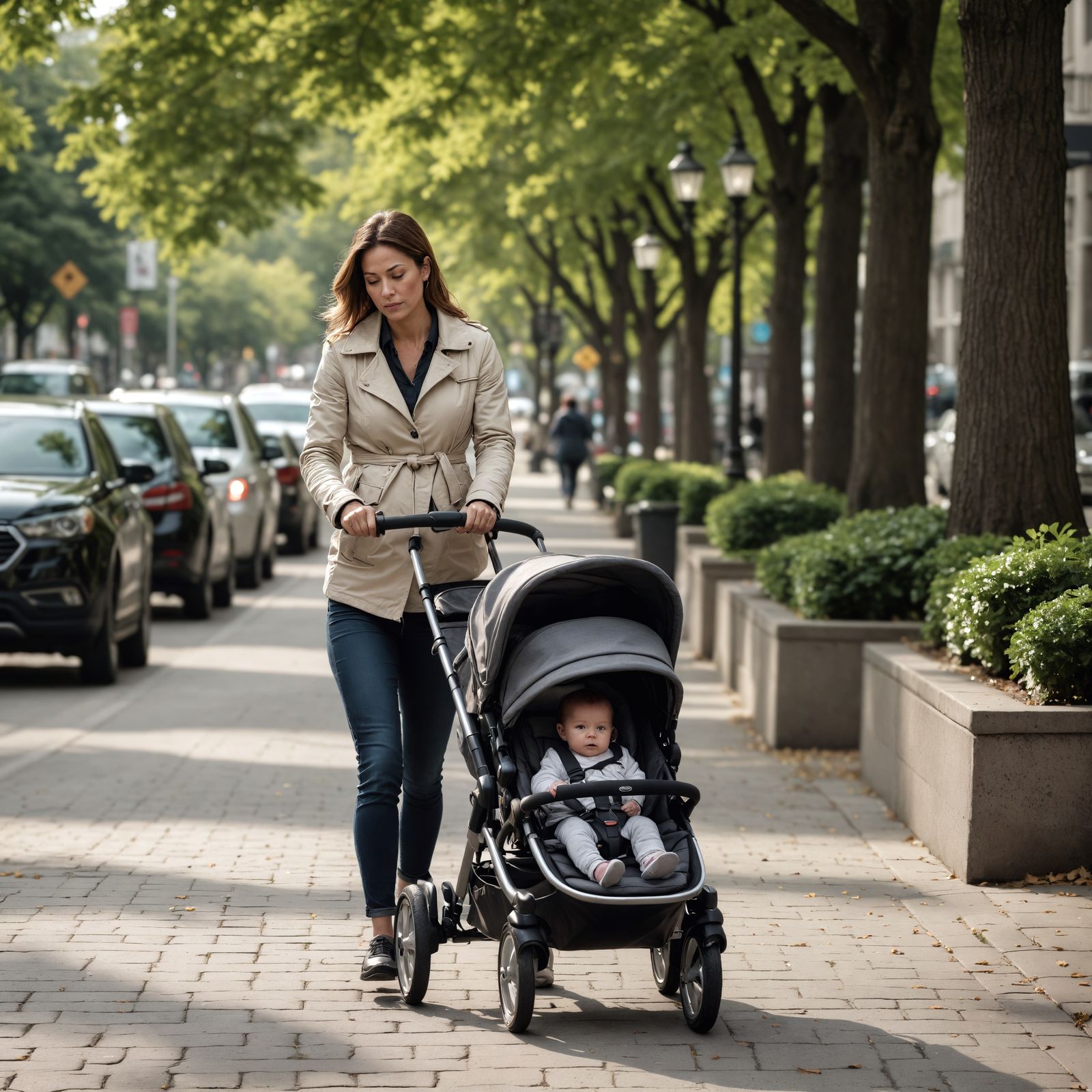 Mother and Child Stroll Down a City Street in Moody, Cinemat...