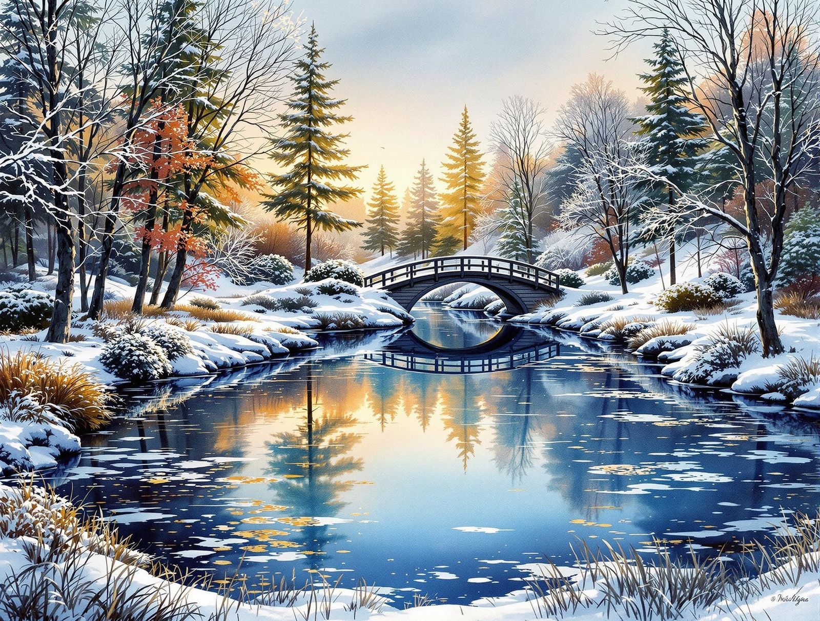 Winter Landscape in Watercolor and Alcohol Ink Style