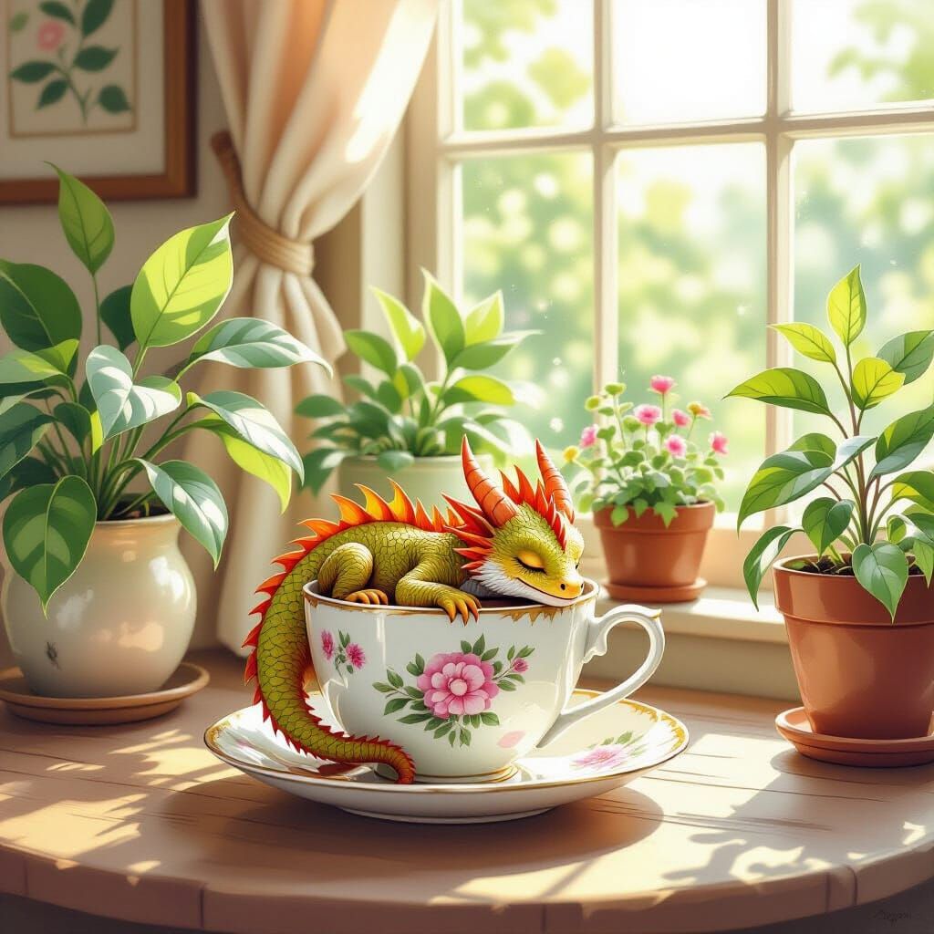 Dragon Slumber in Teacup: A Pastel Watercolor Dream