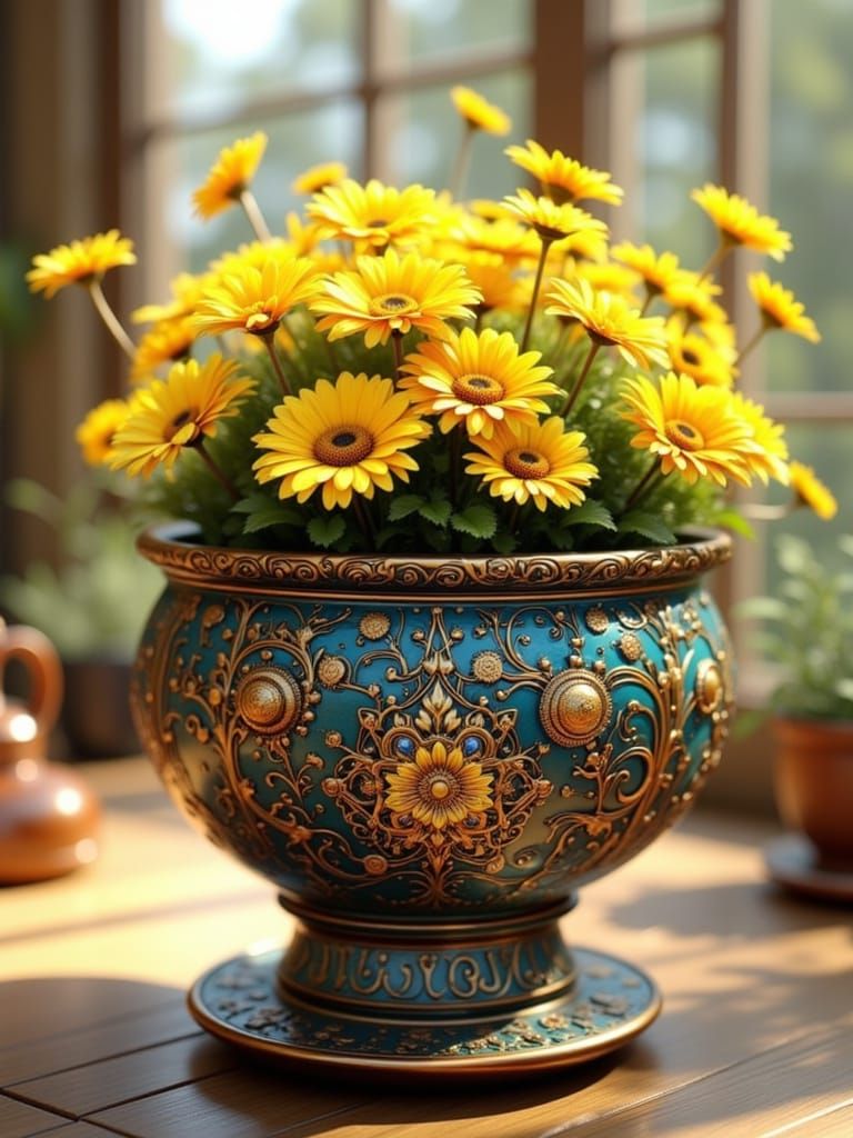 Ornate Flower Pot Bursting with Yellow Daisies in 3D Anime S...