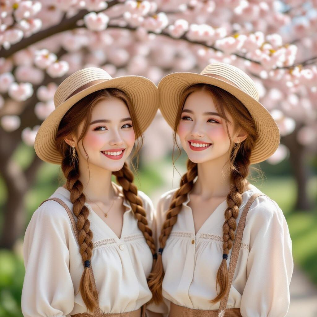 Twins with Braids in Almond Blossoms