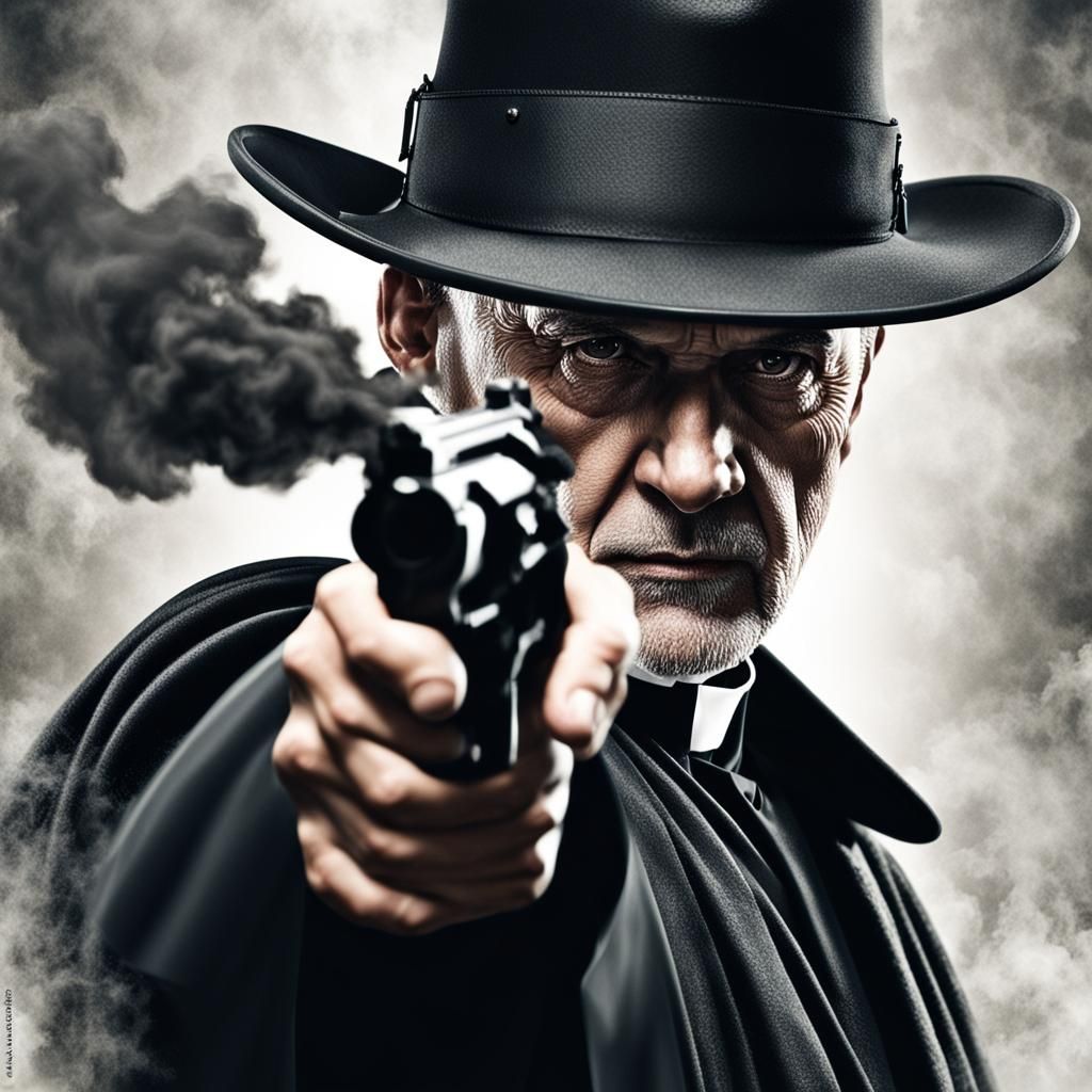 Priest with Revolver: Hyperrealistic Action Shot