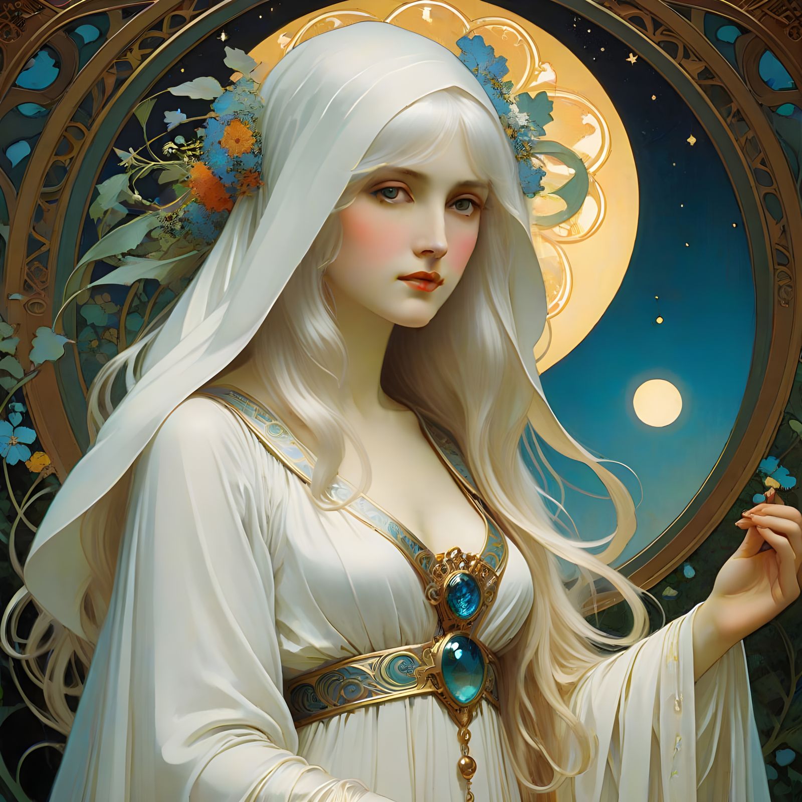 Ethereal Celestial Woman in Art Nouveau Style