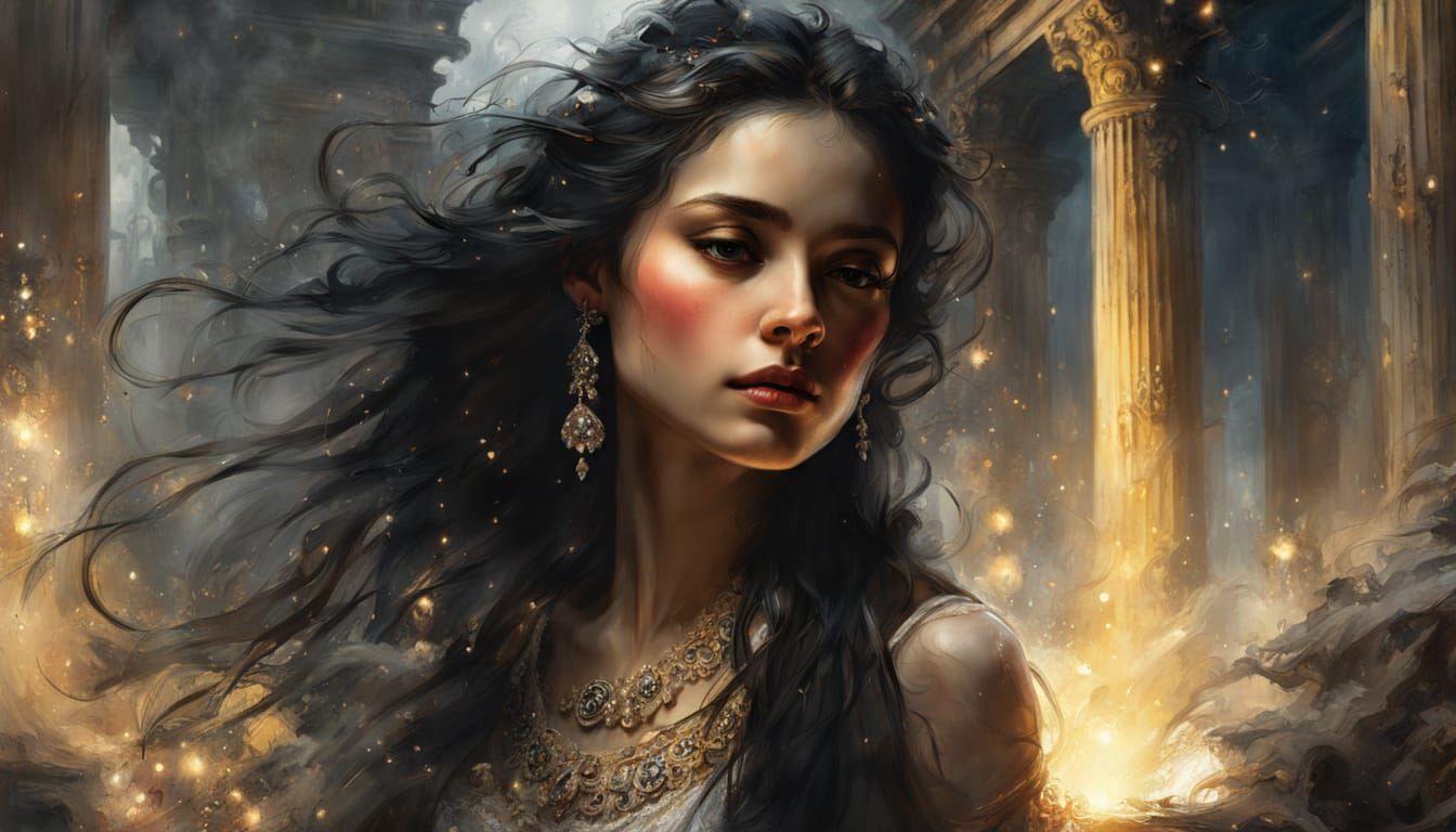 Woman in Roman Temple Watercolor Painting