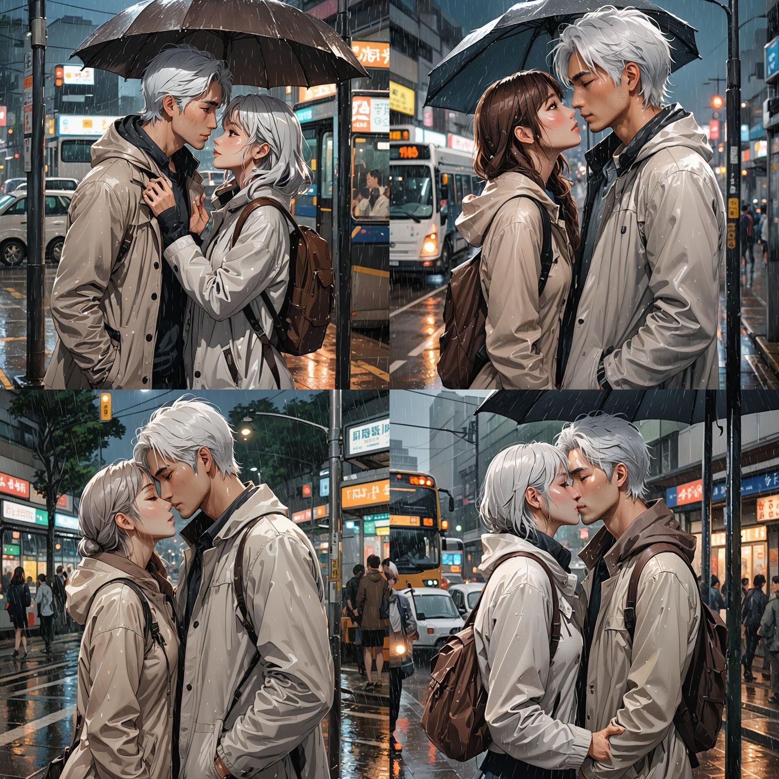 Anime Kiss at a Bus Stop in the Rain