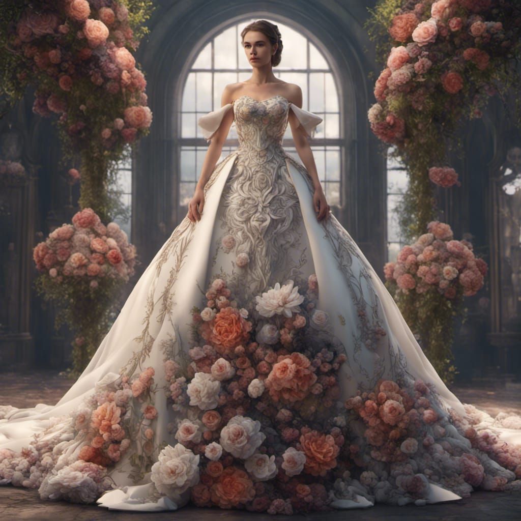 Puffy Floral Wedding Dress in Detailed Matte Painting