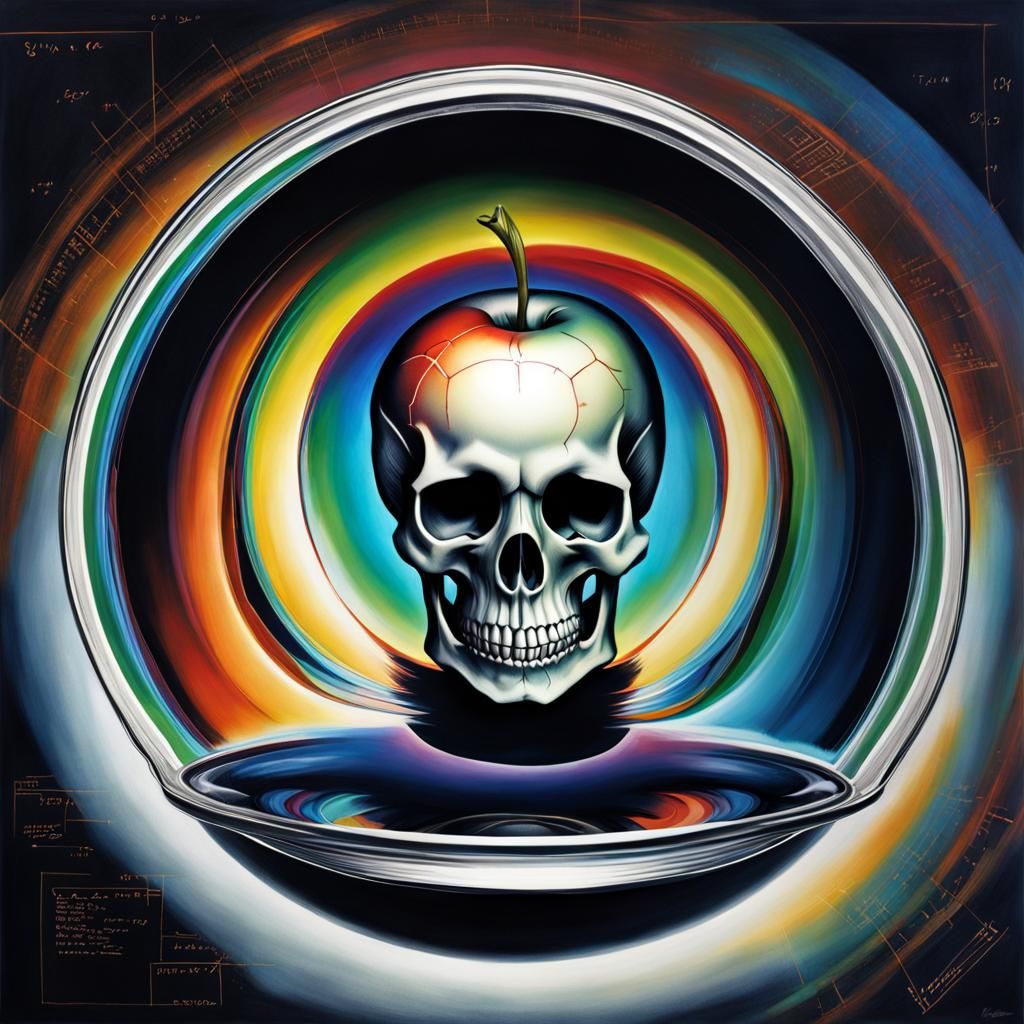 Surreal Apple Blueprint with Ghost in Teacup