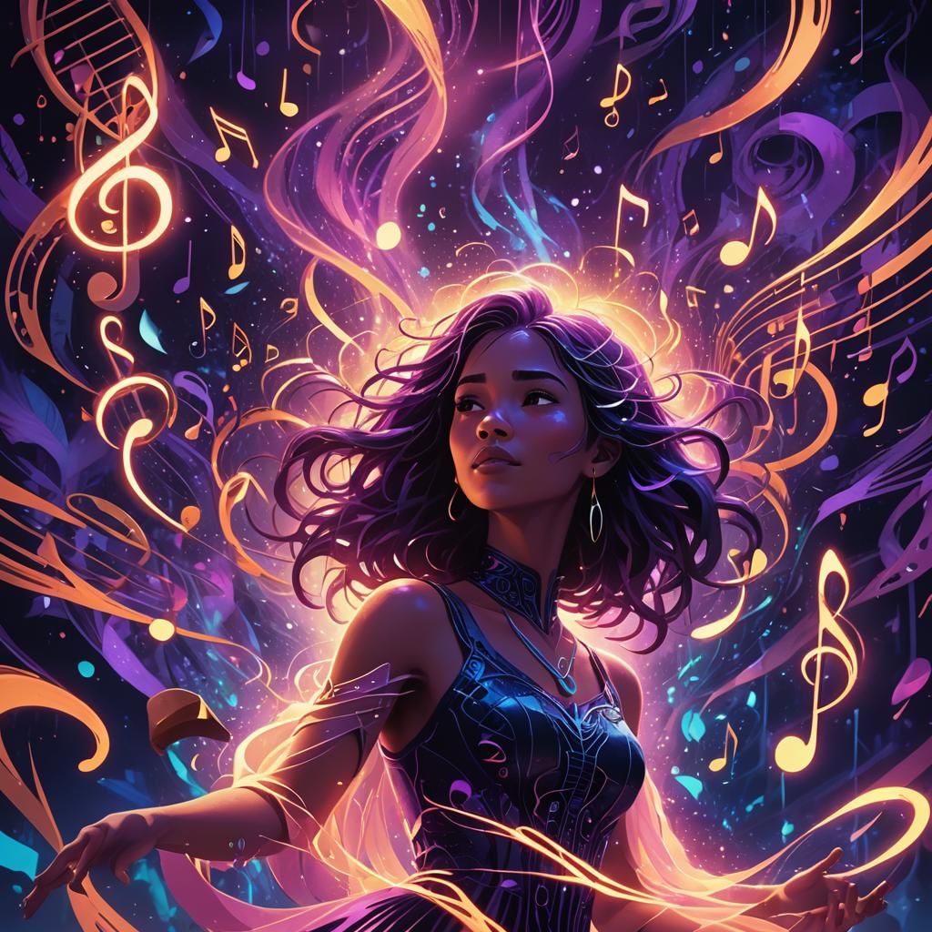 Cartoon Woman Surrounded by Glowing Musical Notes