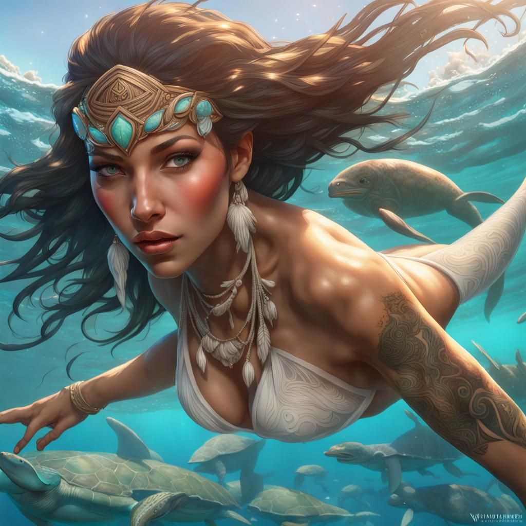 Hawaiian Goddess Portrait with Sea Life, Hyperdetailed Art