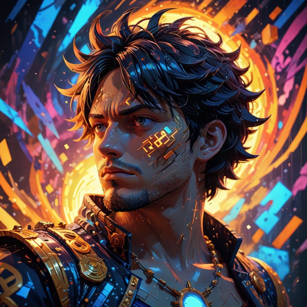 Mysterious Warrior Meets Digital Gamer in Vibrant, Geometric...