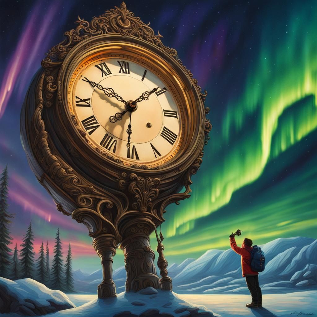 North Pole Clock Under Northern Lights: Oil Painting