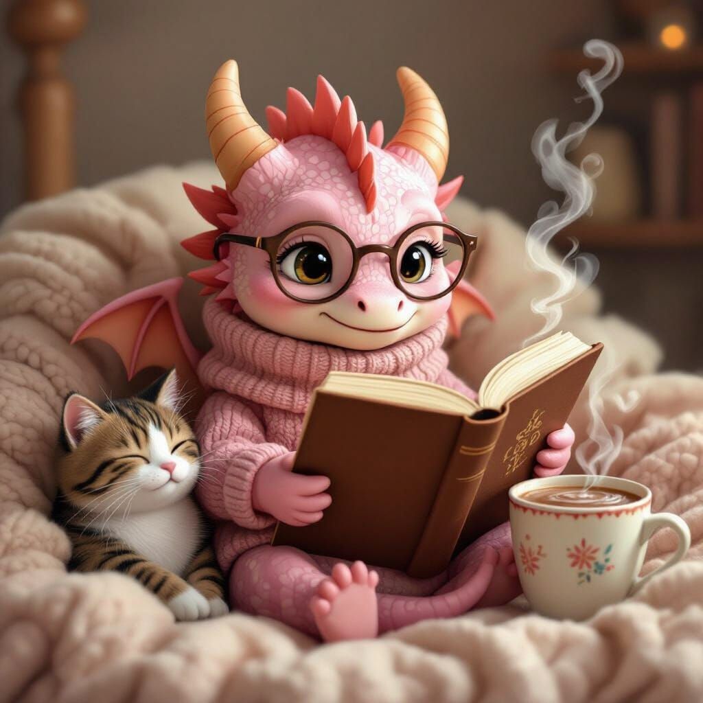 Pink Dragon Reading Book in Hygge Style