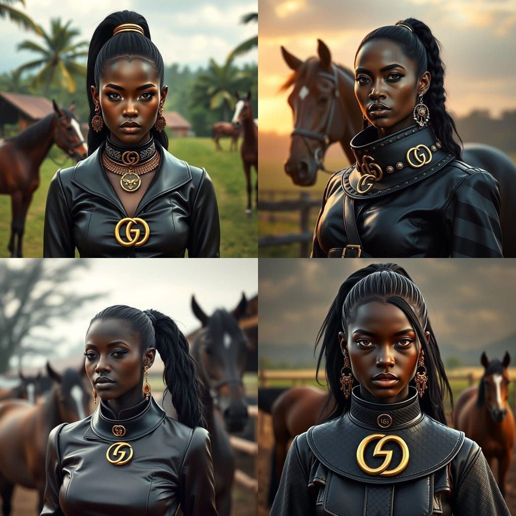 Young Afro-Asian Goddess Rides Horse in Regal Prada Leather