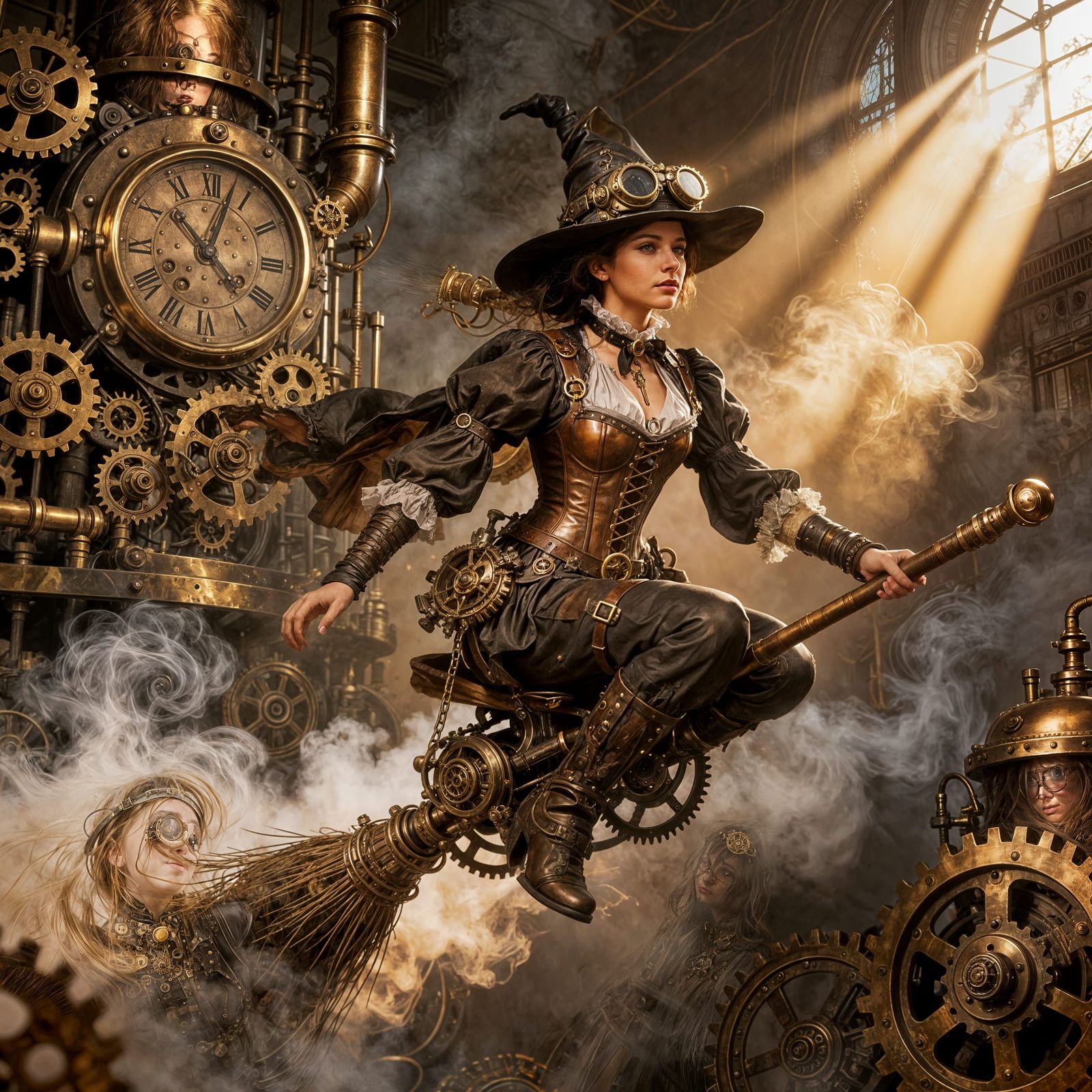 Steampunk Witch with Mechanical Broom and Gears