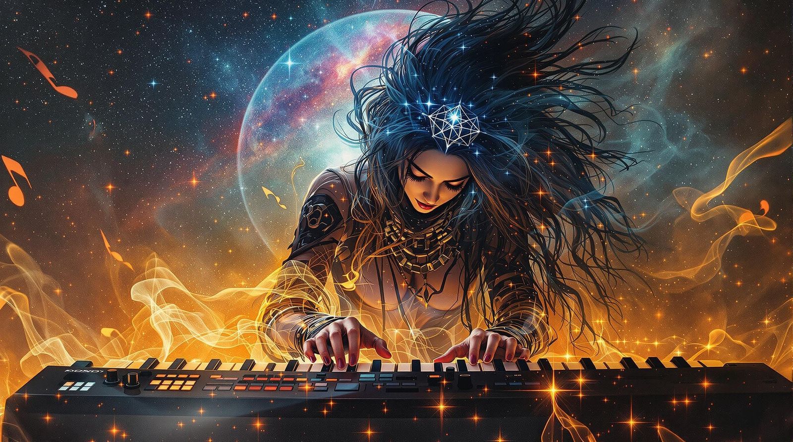 Cyberpunk Shaman Priestess Plays Synthesizer Under Starry Sk...