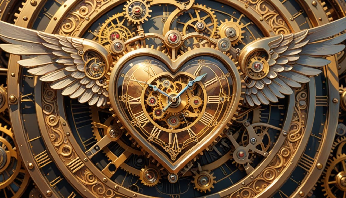 Steampunk Heart with Clockwork Wings in Art Deco Style