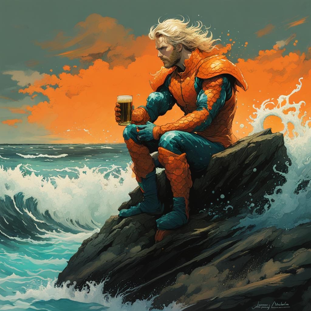 Aquaman Relaxing on Shore as Gouache Illustration