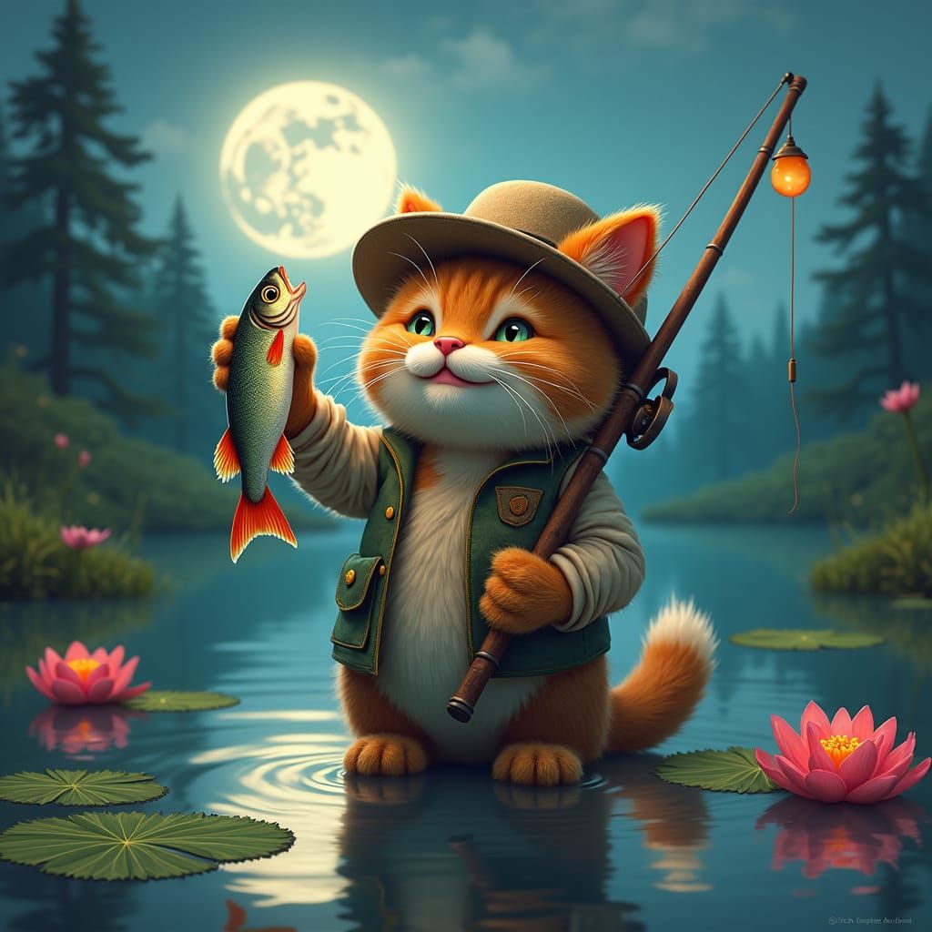 Happy Fishing Cat in Dreamy Lakeside Landscape