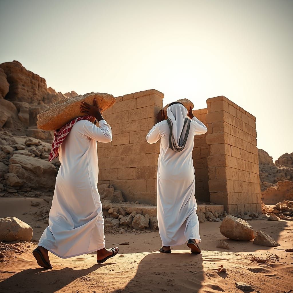 Desert Builders: Two Arab Men Labor in Harmony with the Maje...