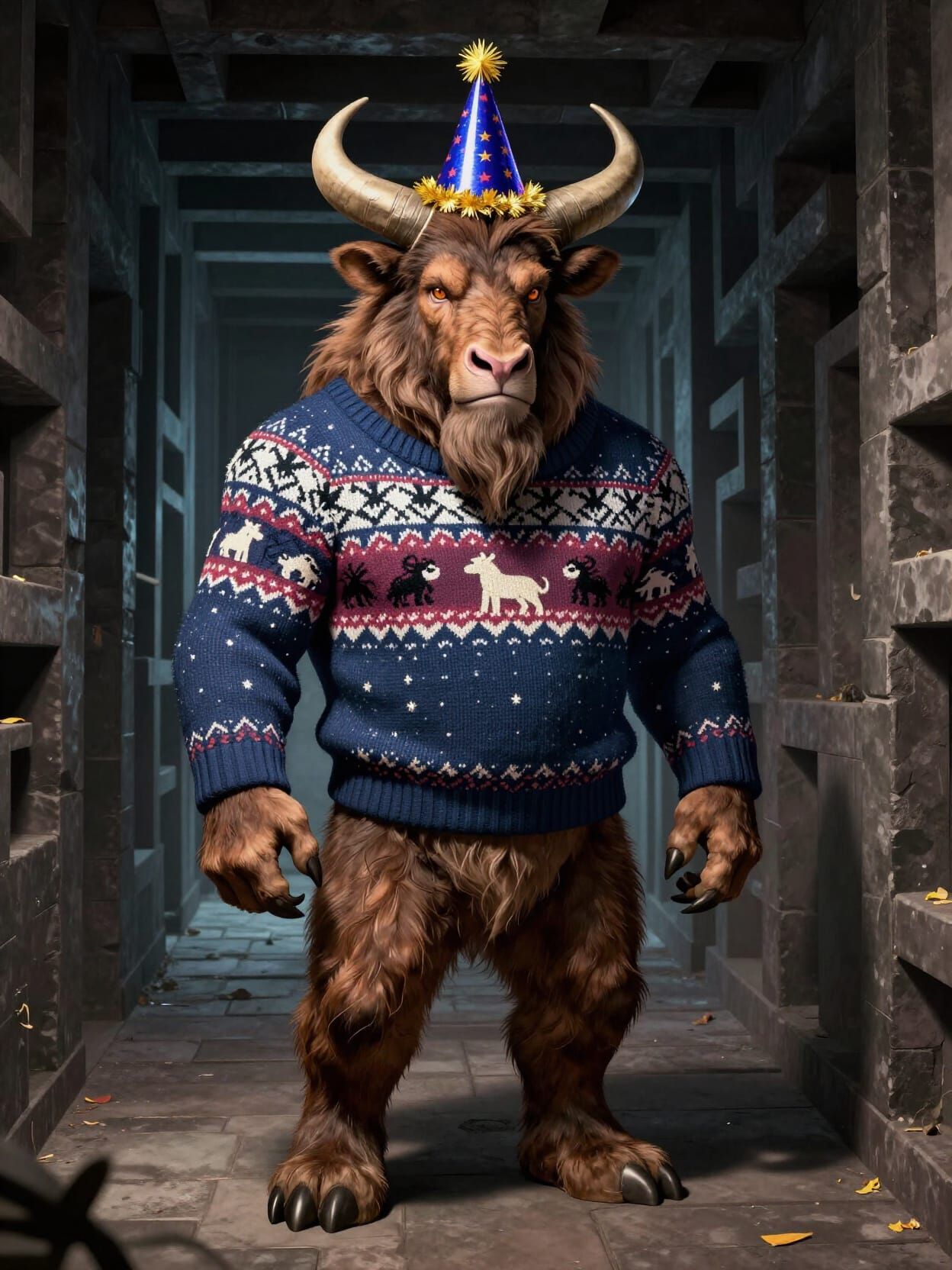 Minotaur in Labyrinth Wearing Party Hat