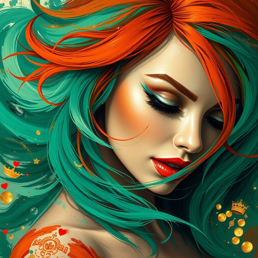 Expressionist Redhead Dances with Emerald Hair