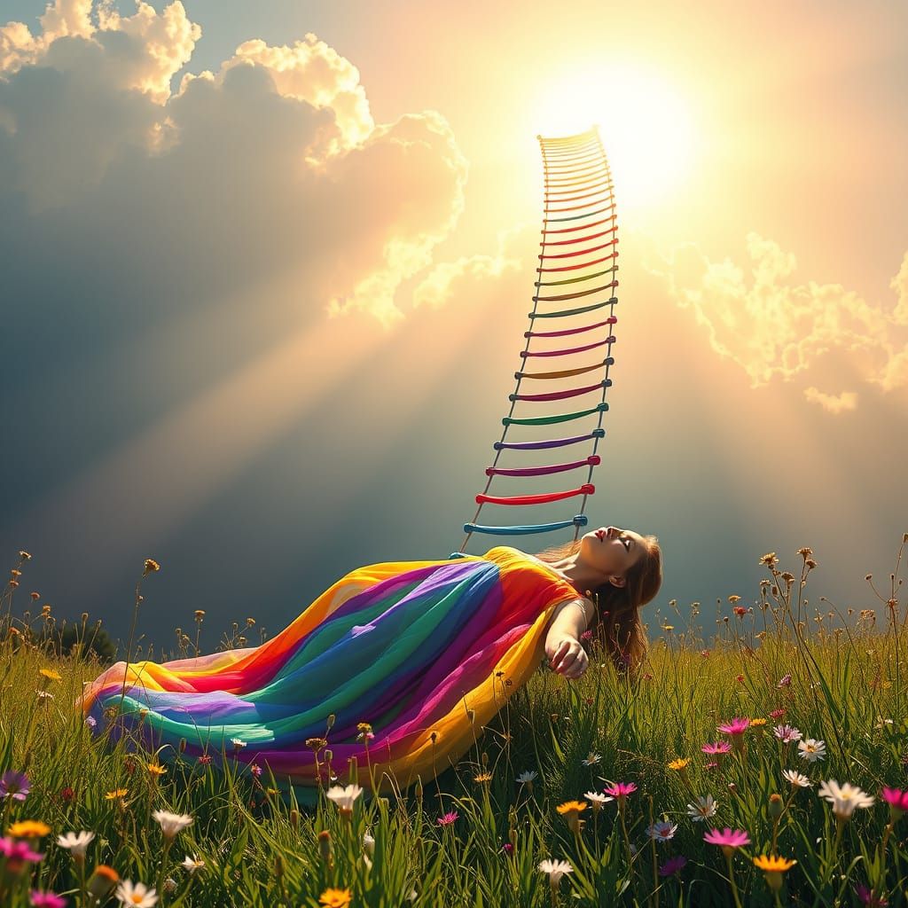 Dreamy Rainbow Bridge Goddess in a Vibrant Meadow