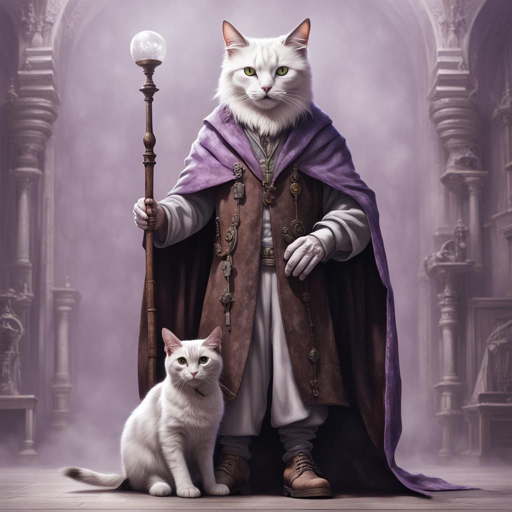 white background, a humanoid cat, wizard, with old wizard's ...