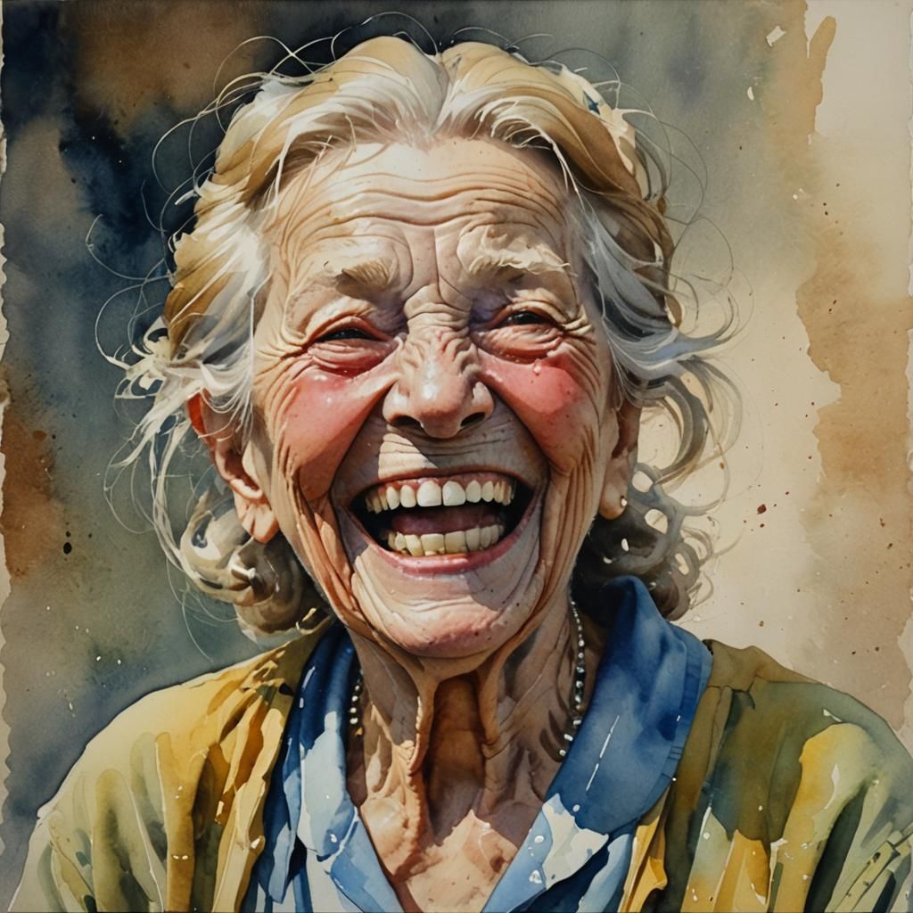 Laughing Old Woman in Watercolor Style