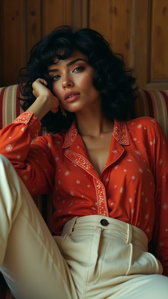 Glamorous Woman on Vintage Couch in Hyperrealistic Style