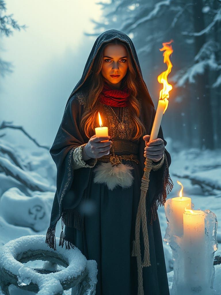 Slavic Winter Witch with Glowing Candles and Runes