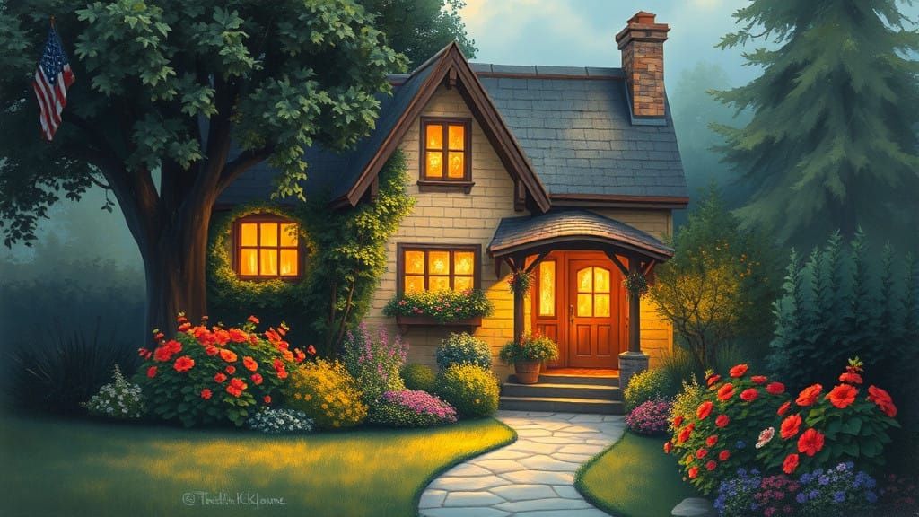 Cozy Cottage Scene in Romantic Painter Style