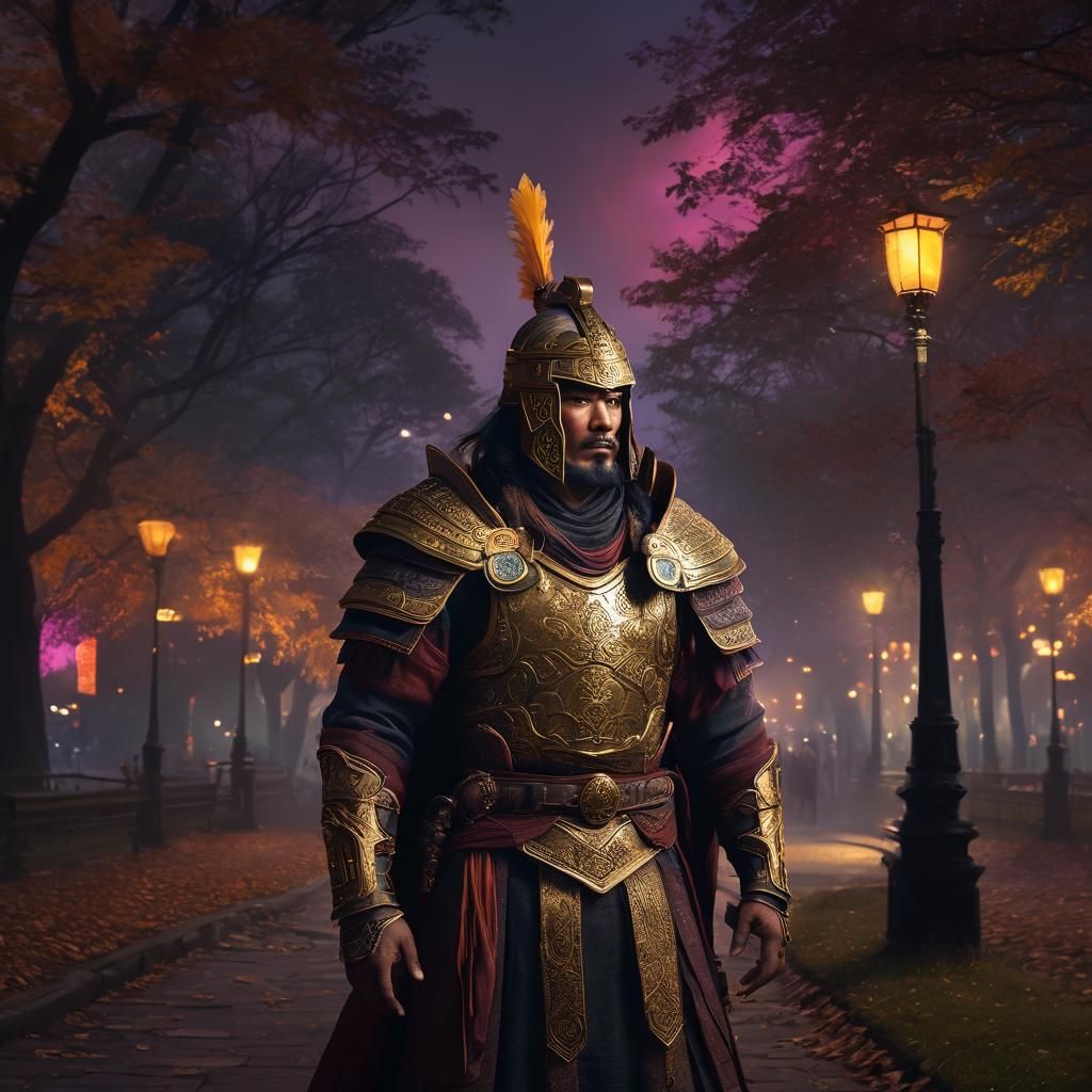 Mongol Warrior in Central Park at Night