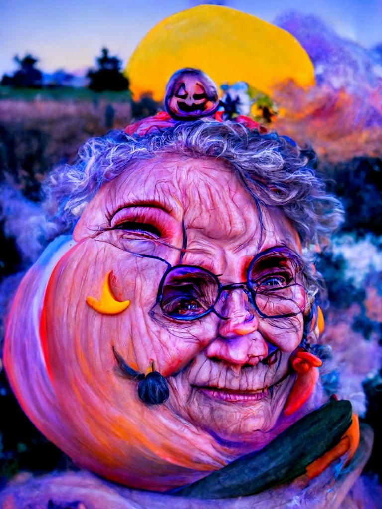 Whimsical Grandma in Pumpkin Patch Oil Painting