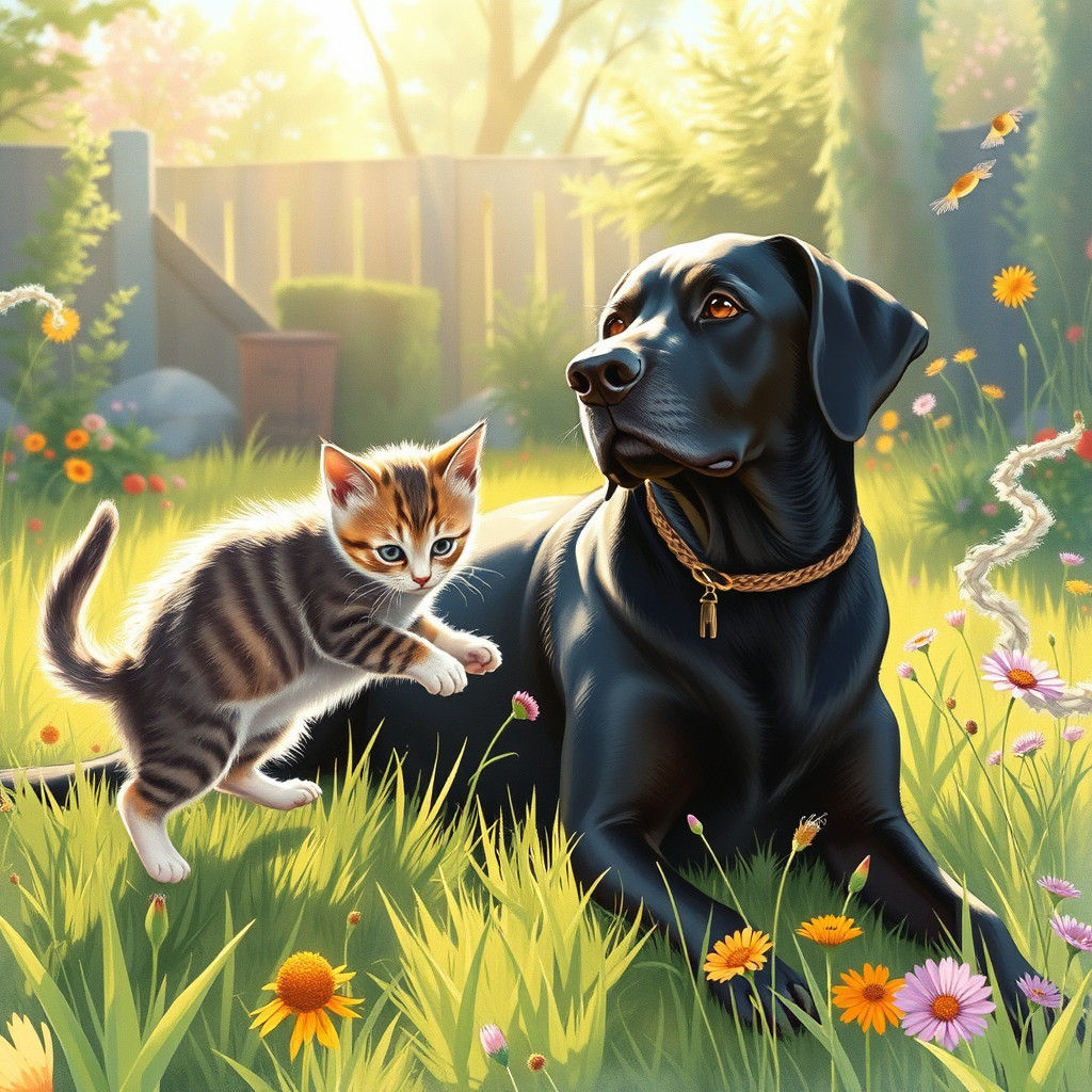 Kitten and Lab Play in Whimsical Watercolor Style