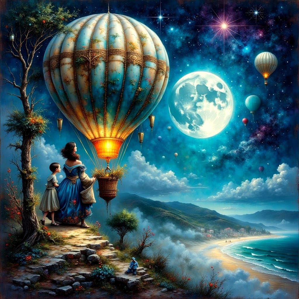 Warm Sunrise Balloon Flight in Impasto Style