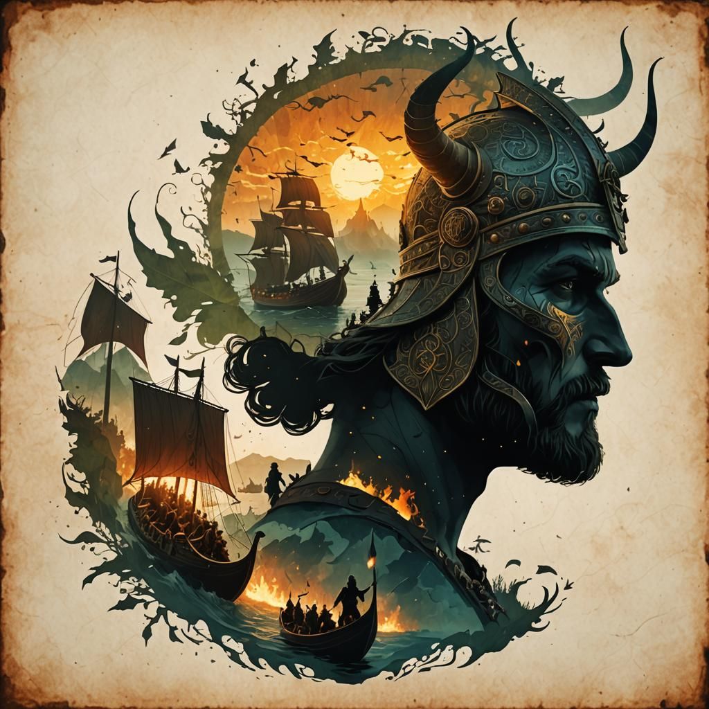 Viking Silhouette Double Exposure in Matte Painting Style