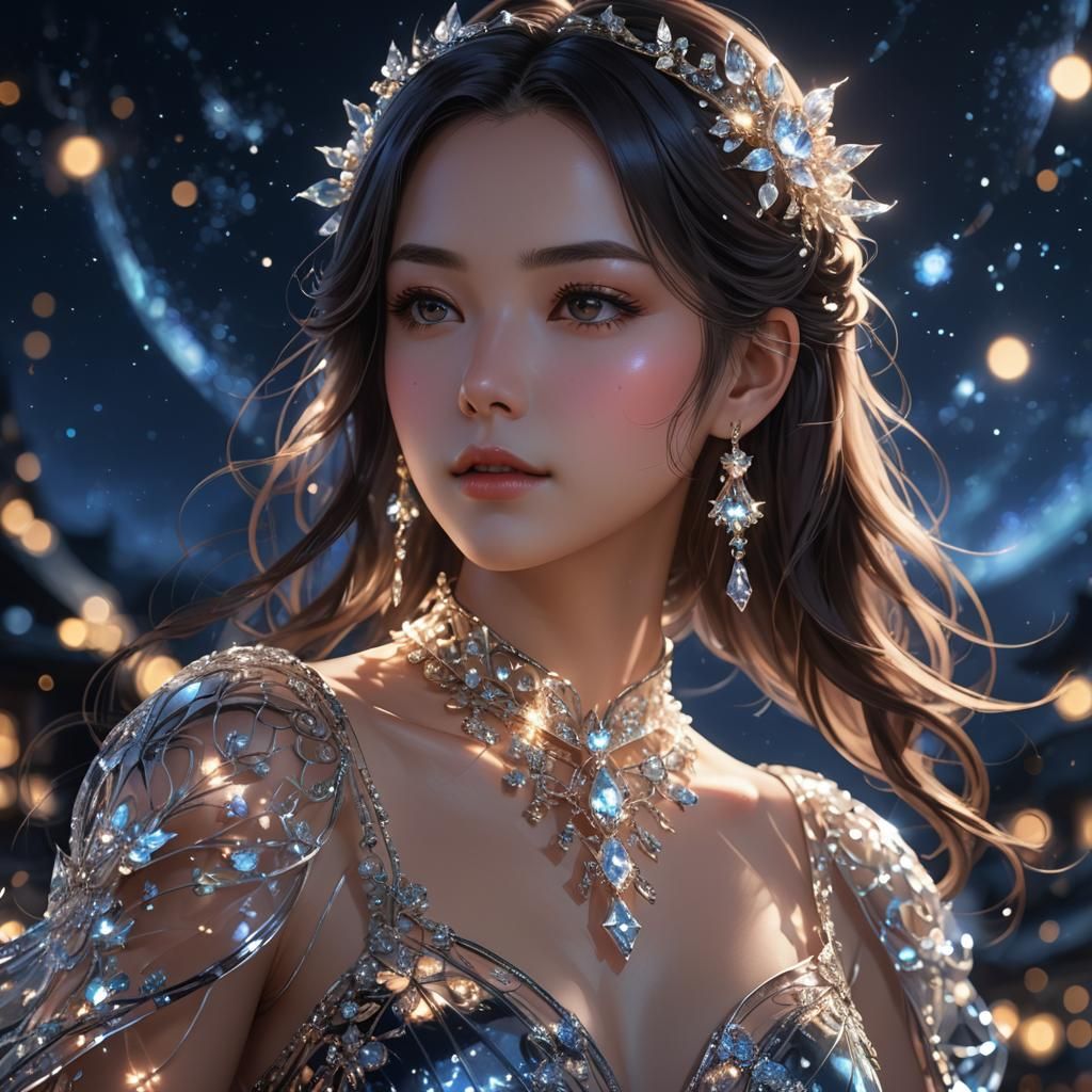 Woman in Glass Dress: Detailed 3D Anime Art