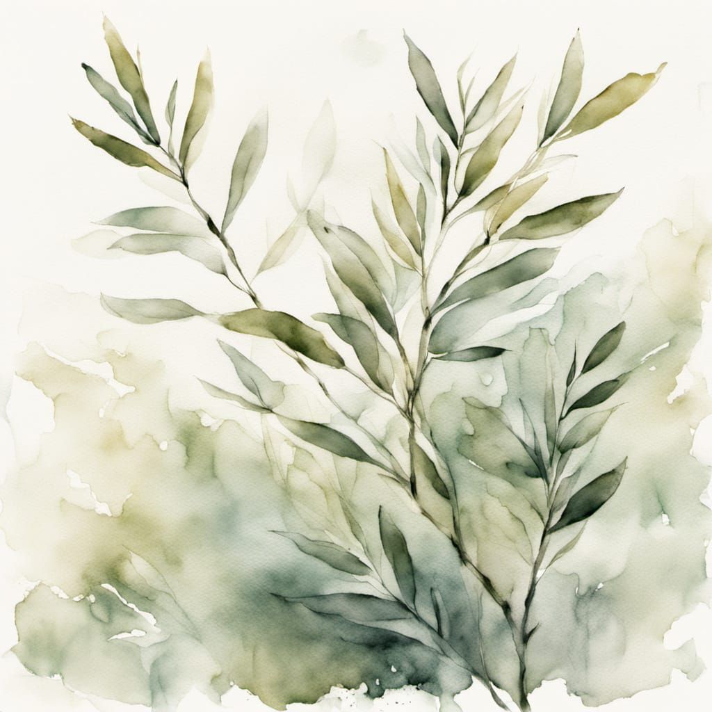 Ethereal Olive Branch in Encaustic Impasto with Japanese Ink...